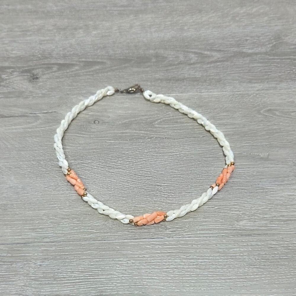 Mother-of-Pearl Vintage Triple Twisted Pink White & Gold Coral Necklace